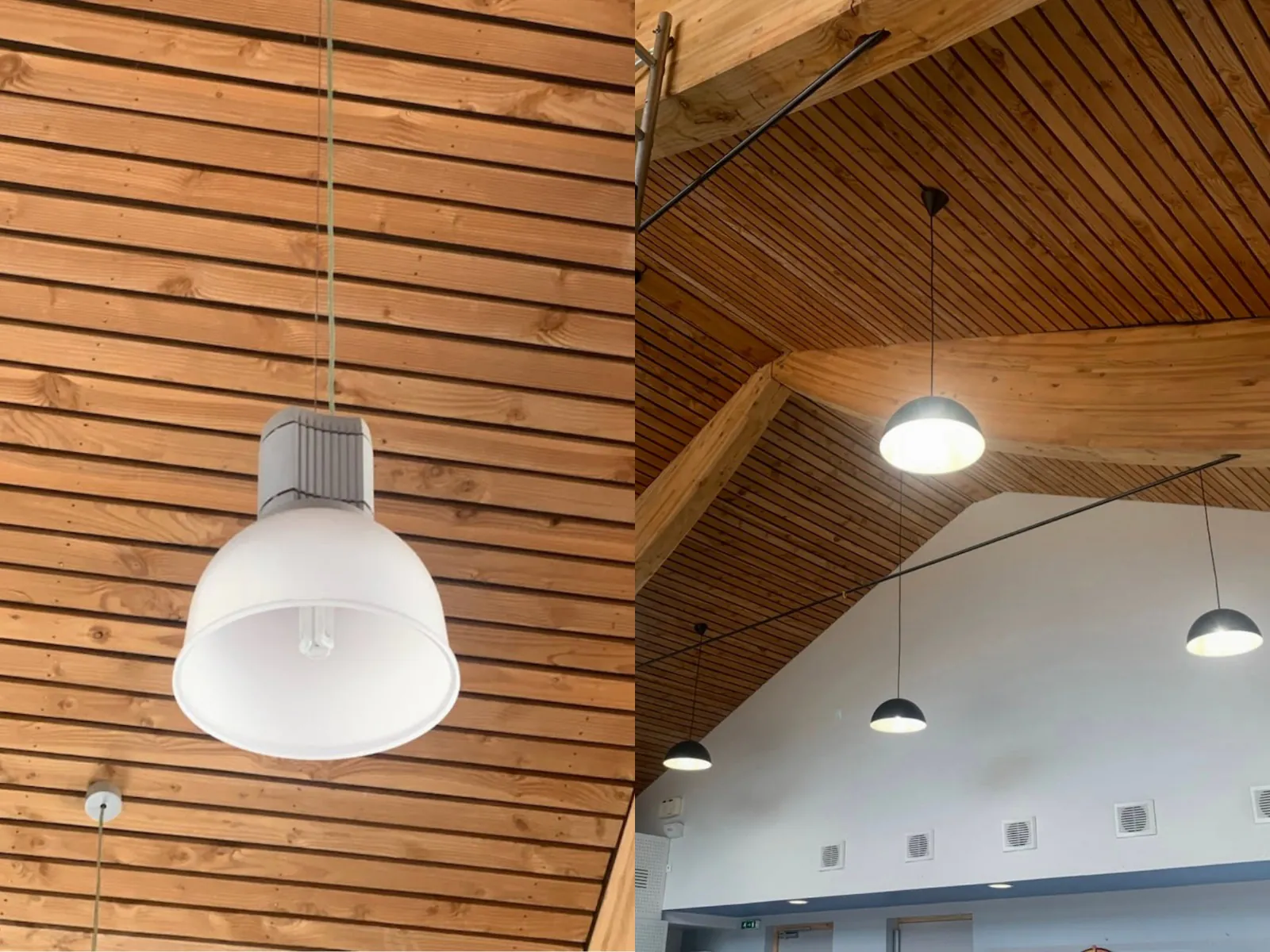 Vorher-Nachher-Bild des Dachs eines Rathauses mit LED-Pendelleuchten